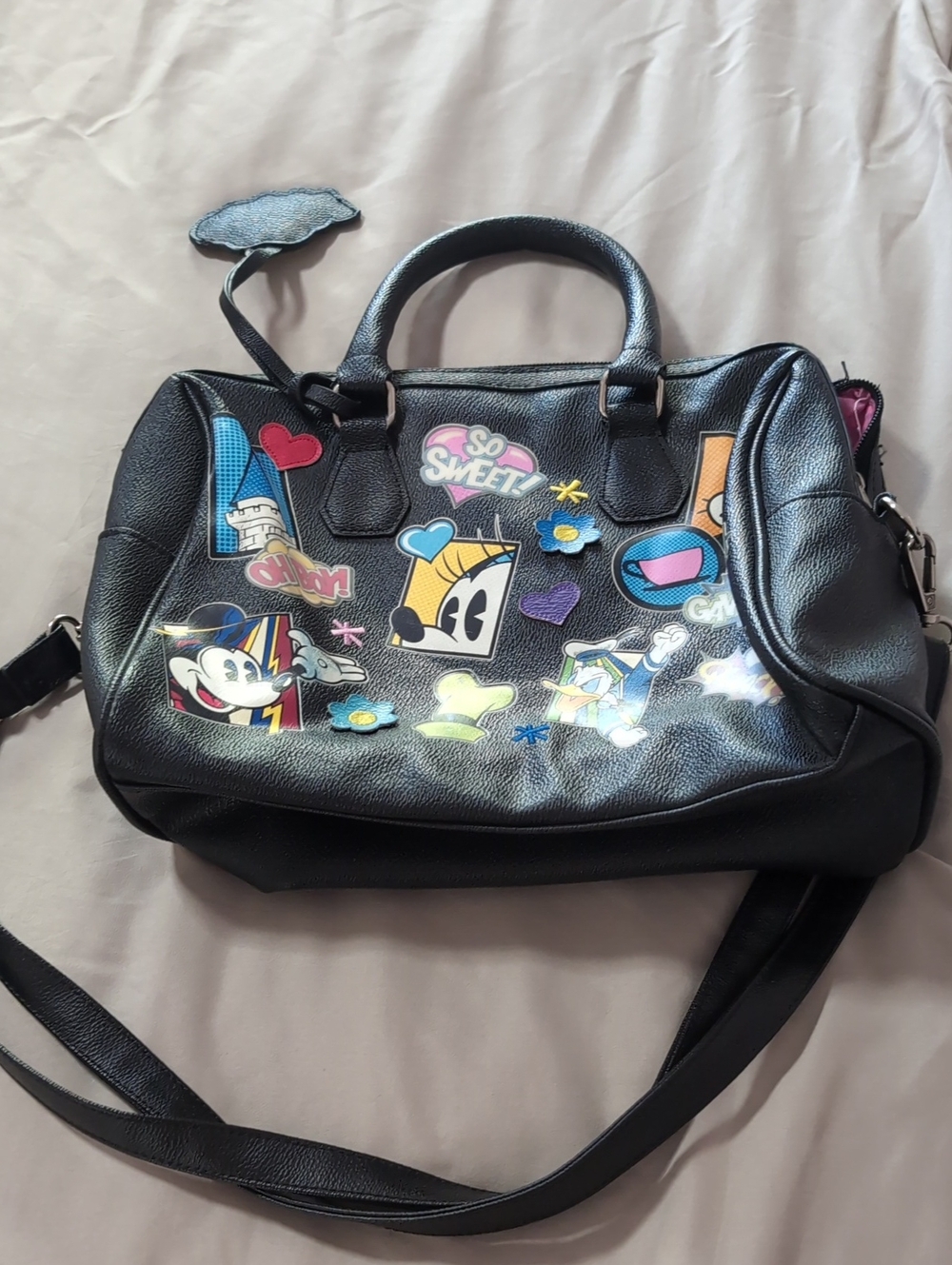 Disney Black Satchel with Multicolor Cartoon Patches